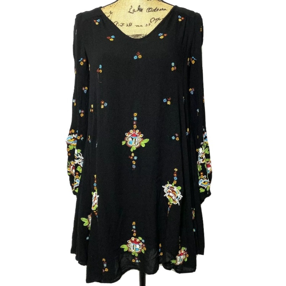 Free People Black Floral Embroidered Boho Dress